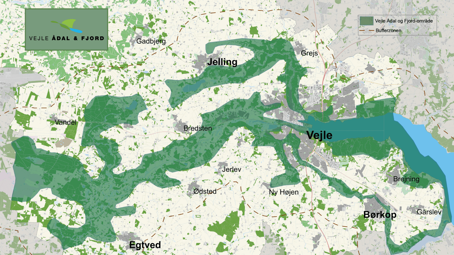 Karte vom Vejle Ådal und Fjord über Vejles Flusstäler